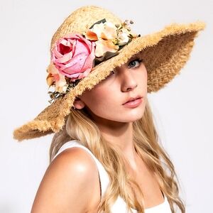 Beloved Millinery Sensational Flower Adorned Gorgeous Classic Fine Straw Hat
